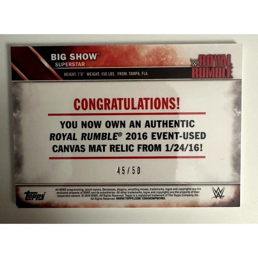 2016 Topps WWE Royal Rumble Big Show Authentic Mat Relic Card 45/50 Limited Ed